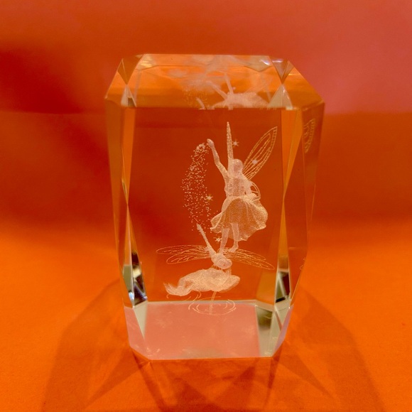 3D Crystal Fairy Figurine With Dragonfly Lotus Flower Glass Cube Paperweight - Picture 2 of 6